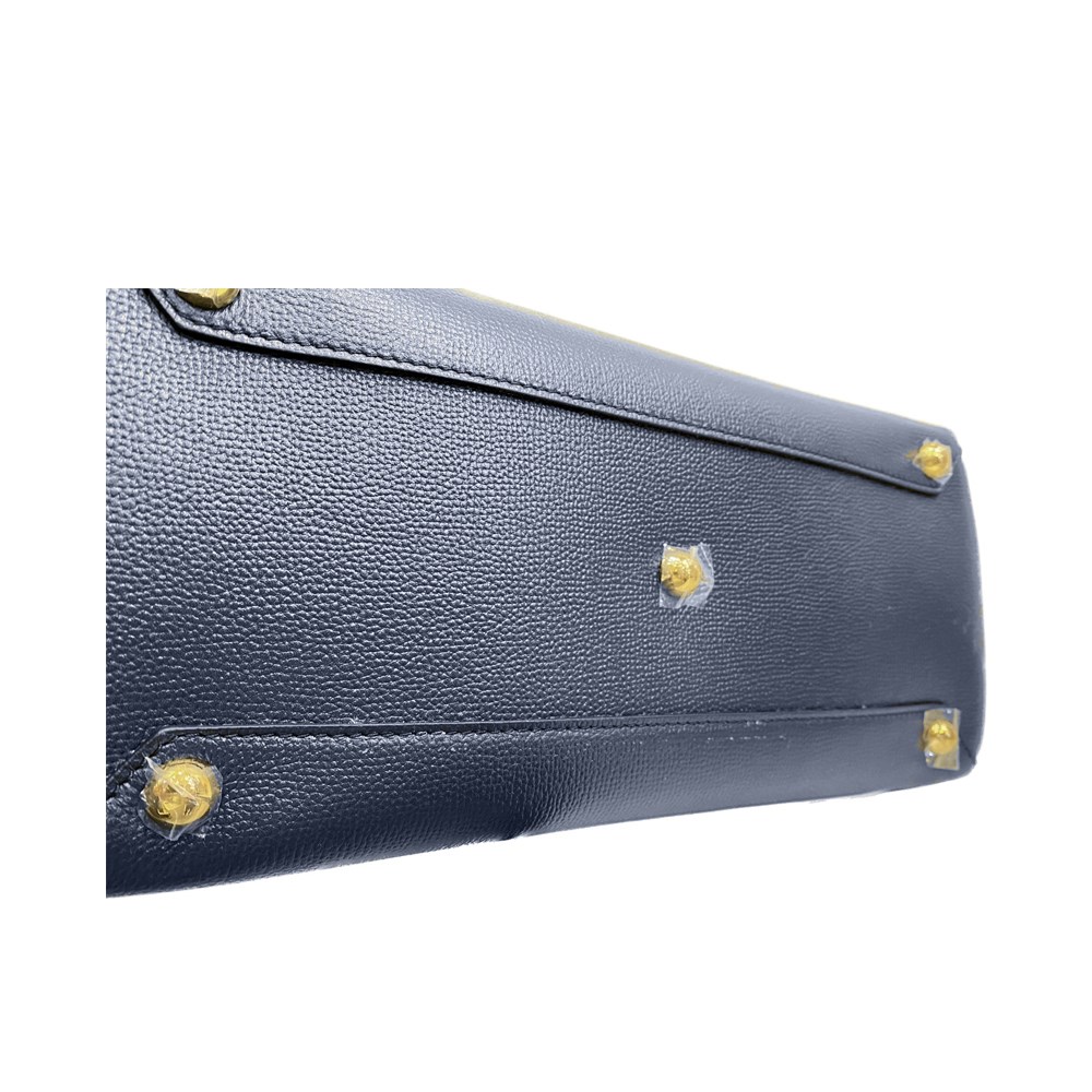 【BURBERRY 巴寶莉】40236961 經典 Banner皮革拚接格紋大型手提包/肩背斜背包(深藍色)