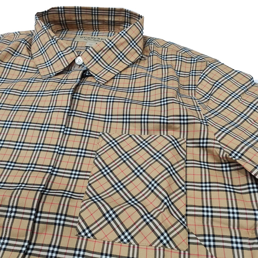 【BURBERRY 巴寶莉】8003121 經典棕色小格紋棉質長袖襯衫(棕色M號)