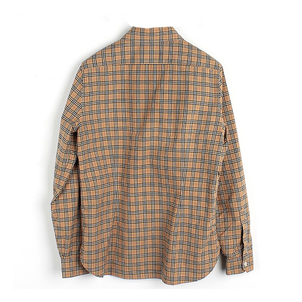 【BURBERRY 巴寶莉】8003121 經典棕色小格紋棉質長袖襯衫(棕色M號)