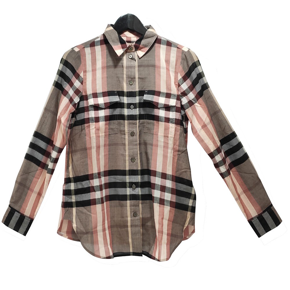 【BURBERRY 巴寶莉】4055801 經典格紋口袋棉質長袖襯衫(粉色)