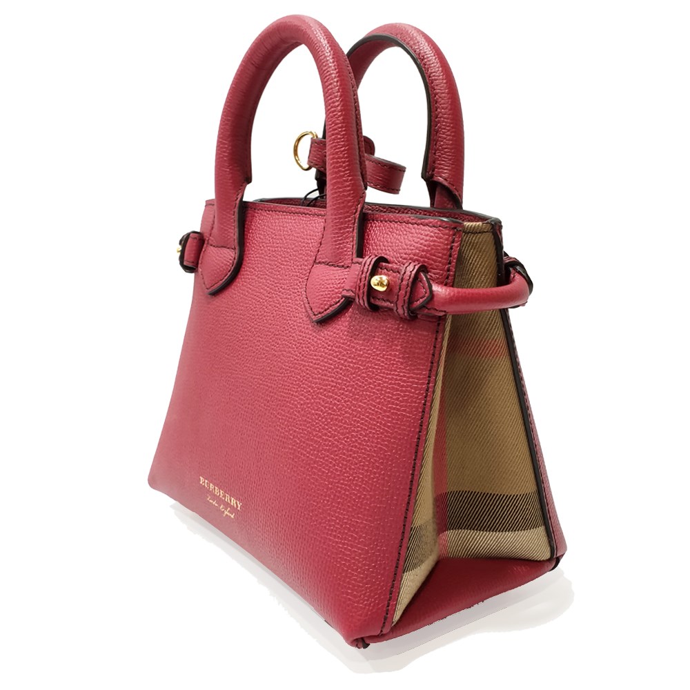 【BURBERRY 巴寶莉】80365651 / 80277501 經典 Banner皮革拚接格紋迷你手提包/肩背包(紅色)