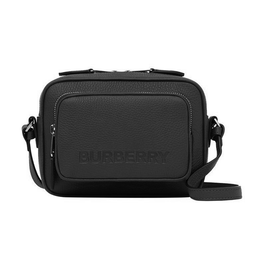 【BURBERRY 巴寶莉】經典壓印LOGO素面牛皮Henley系列肩背斜背相機包(黑色)