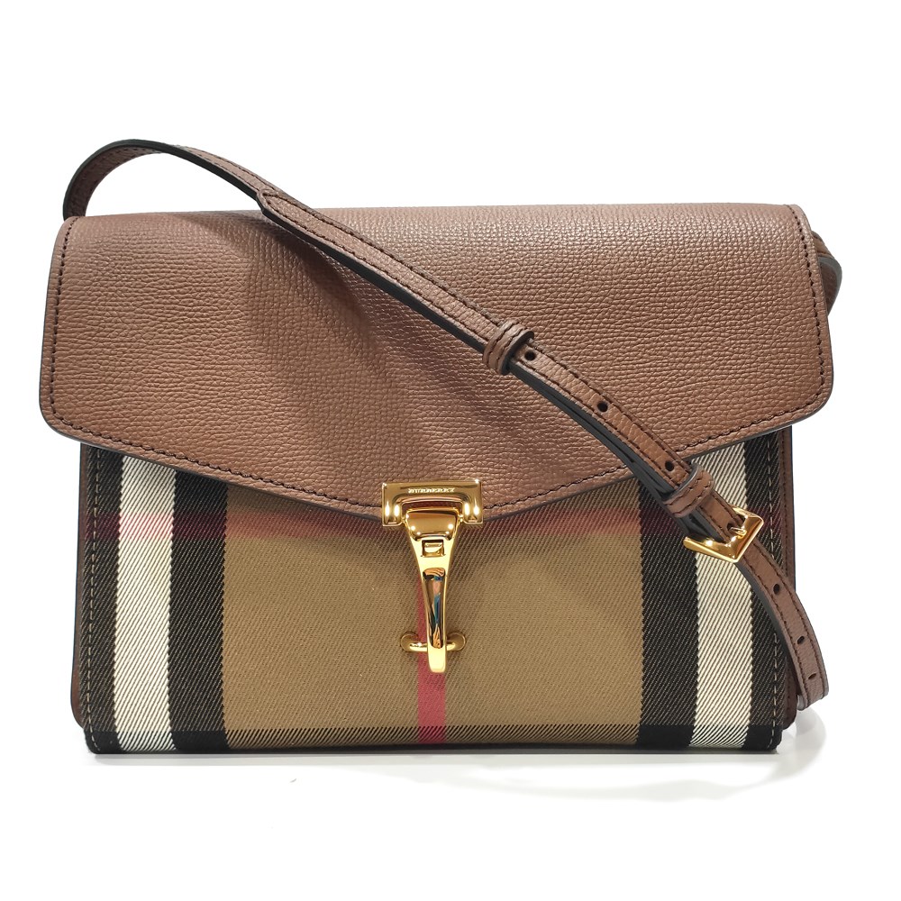 【BURBERRY 巴寶莉】39808261 經典HOUSE系列格紋棉麻拼色肩背/斜背包(棕色)