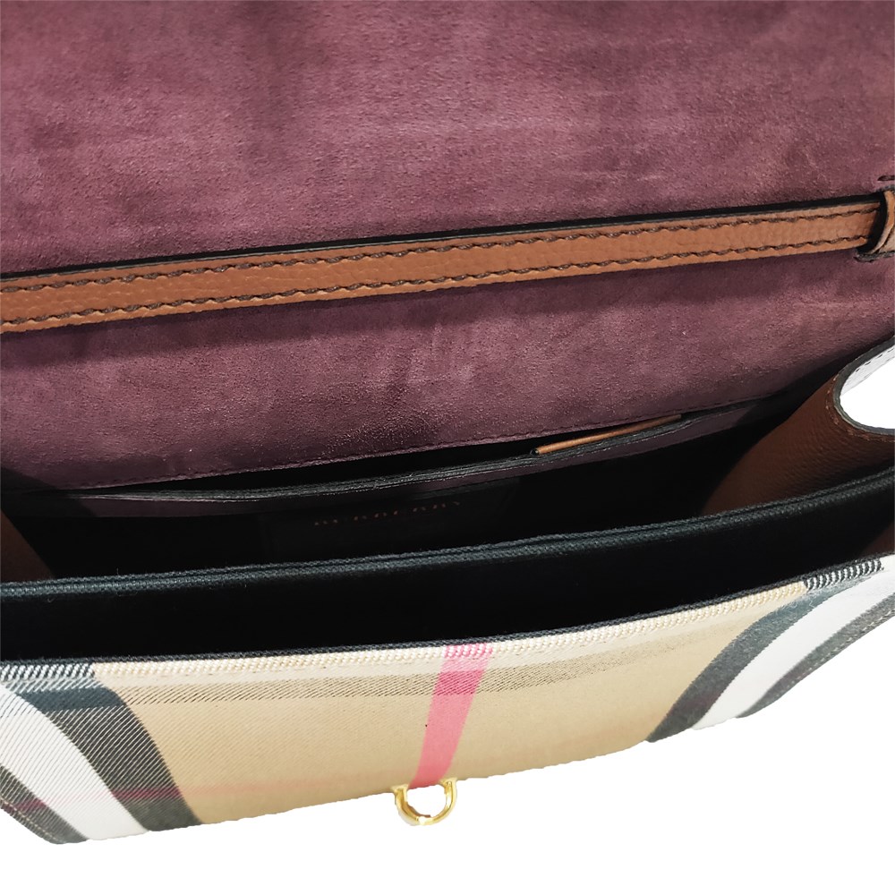 【BURBERRY 巴寶莉】39808261 經典HOUSE系列格紋棉麻拼色肩背/斜背包(棕色)