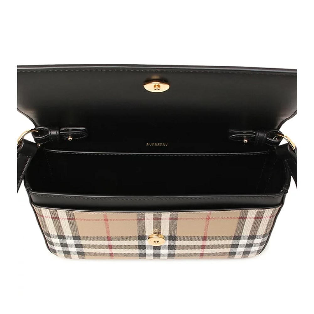 【BURBERRY 巴寶莉】80654811 經典格紋拼接翻蓋式斜背手拿包(黑色)