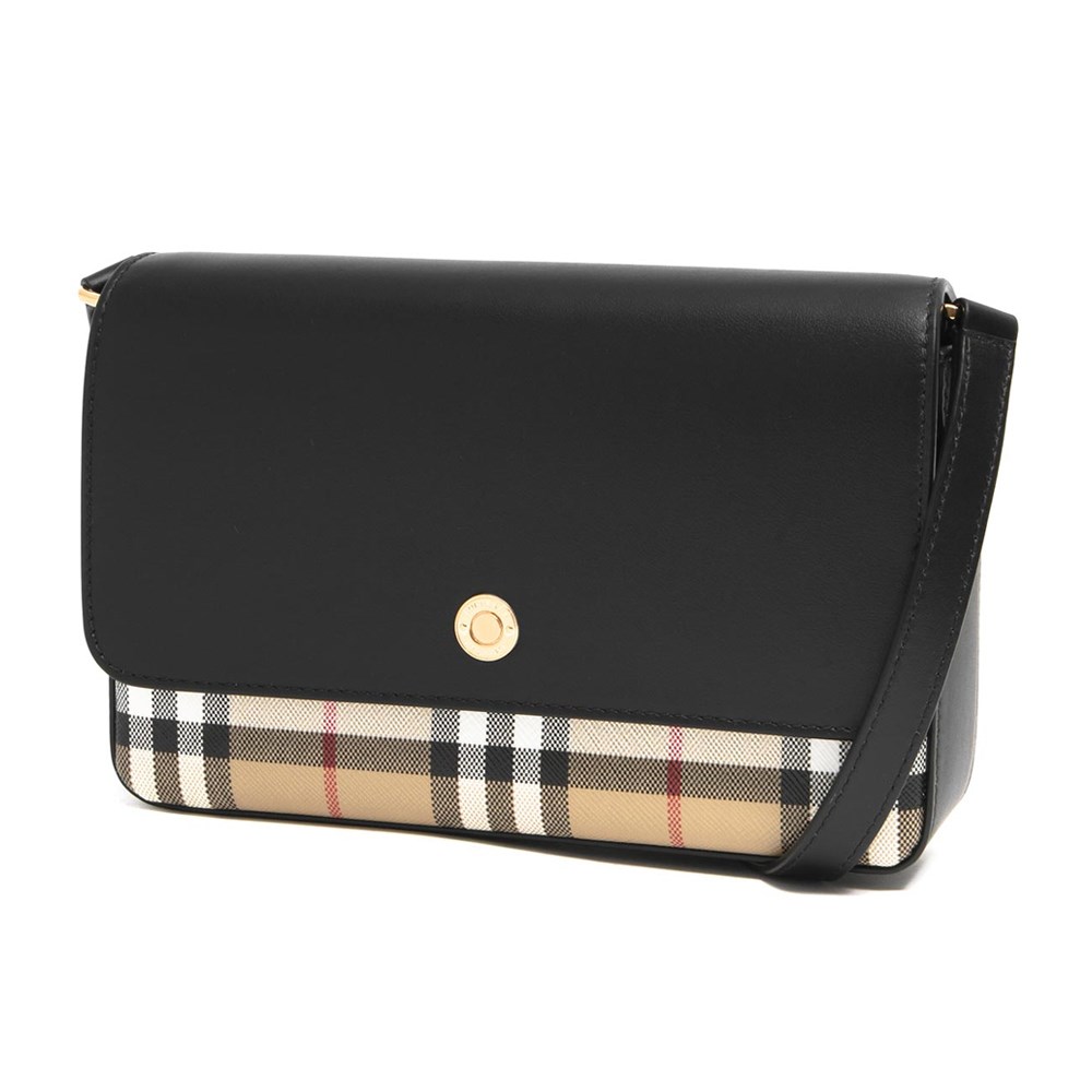 【BURBERRY 巴寶莉】80654811 經典格紋拼接翻蓋式斜背手拿包(黑色)