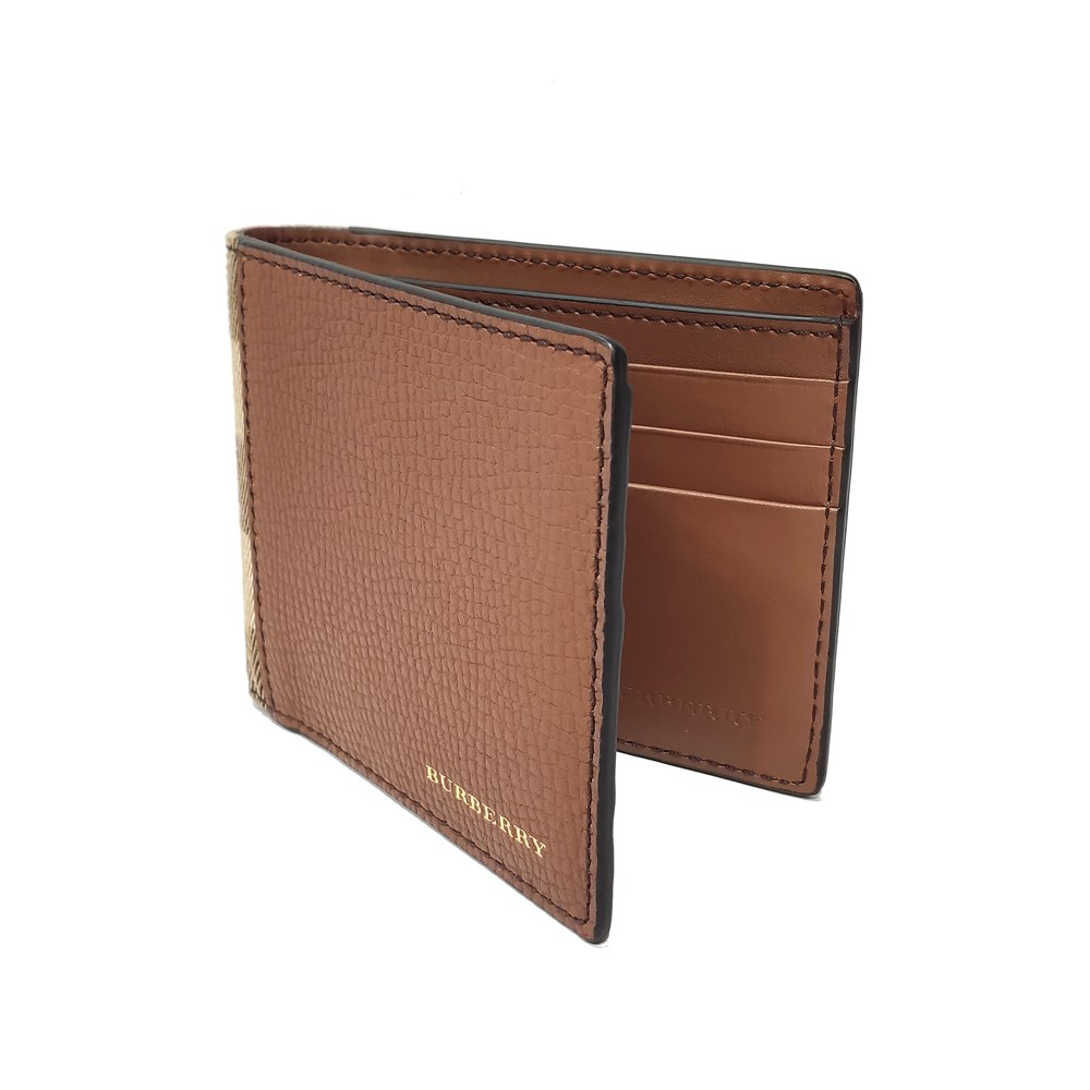 【BURBERRY 巴寶莉】40619951 經典格紋皮革對開錢包/短夾(棕色)