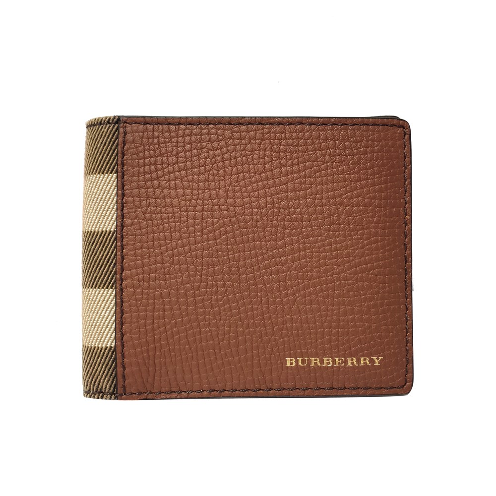 【BURBERRY 巴寶莉】40619951 經典格紋皮革對開錢包/短夾(棕色)