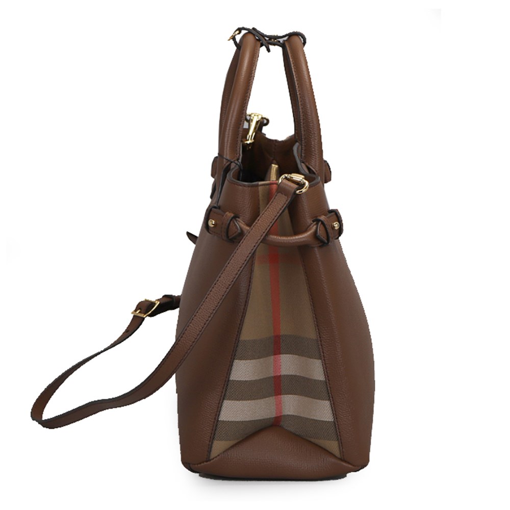 【BURBERRY 巴寶莉】80365031經典 Banner皮革拚接格紋大型手提包/肩背包(棕色)
