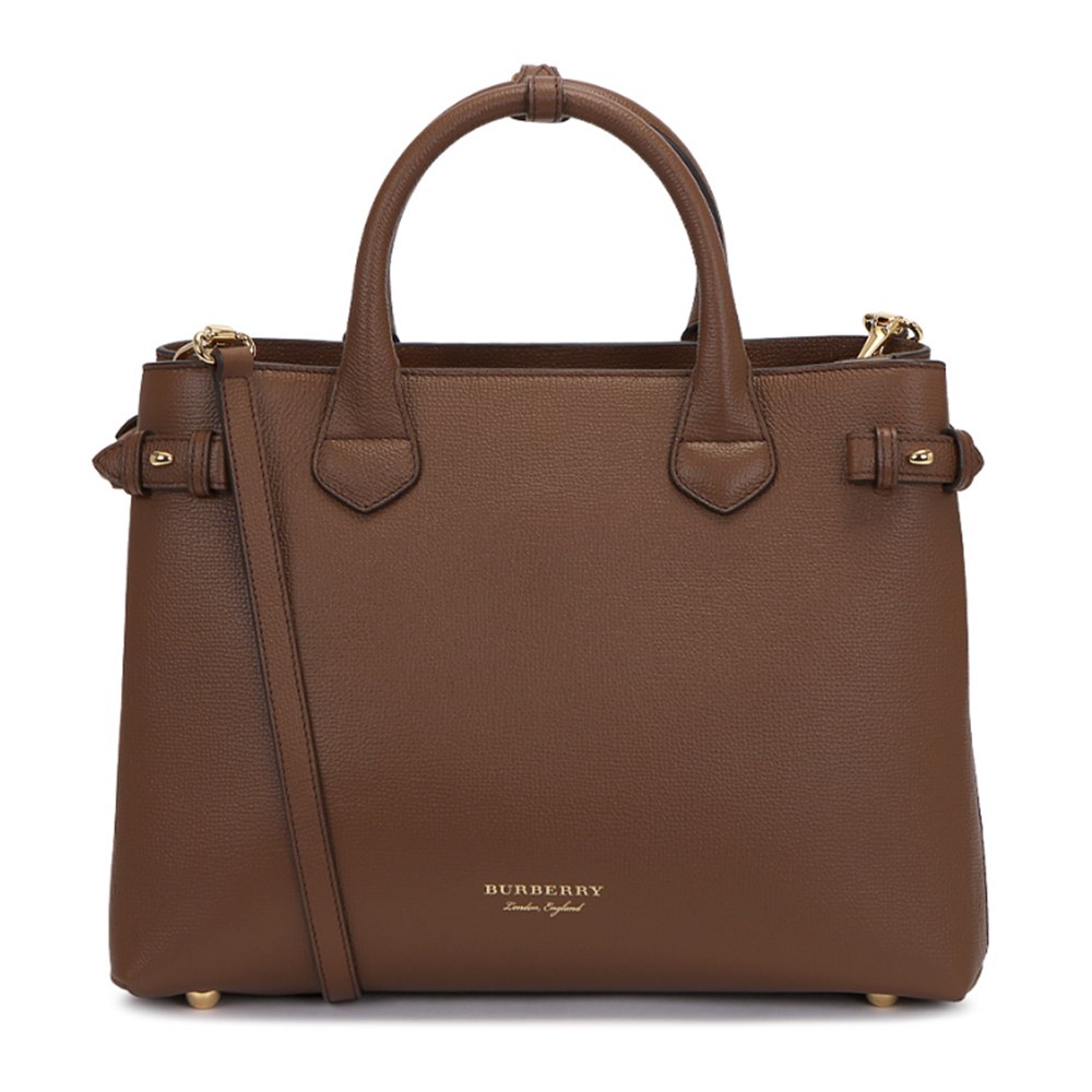 【BURBERRY 巴寶莉】80365031經典 Banner皮革拚接格紋大型手提包/肩背包(棕色)
