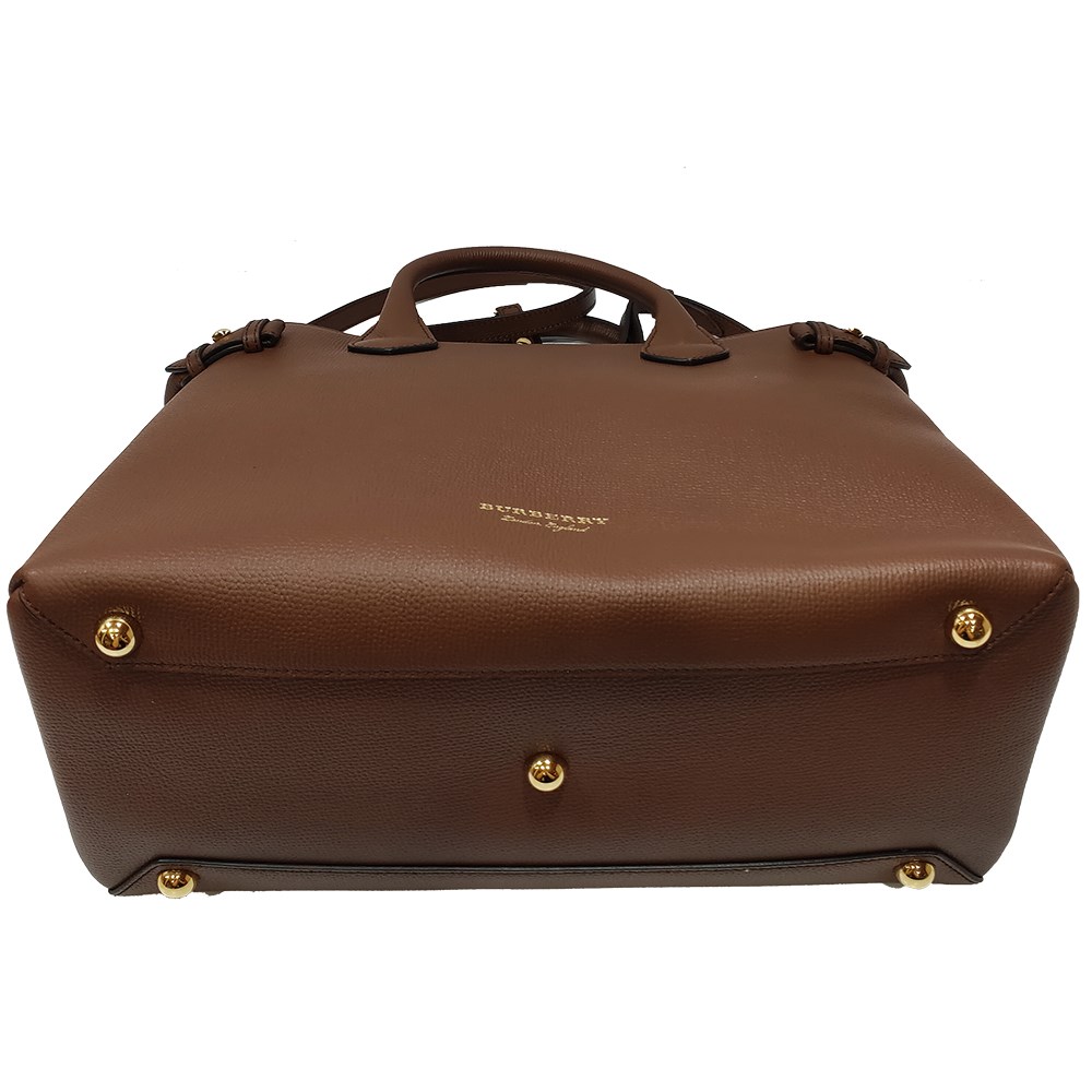 【BURBERRY 巴寶莉】80365031經典 Banner皮革拚接格紋大型手提包/肩背包(棕色)