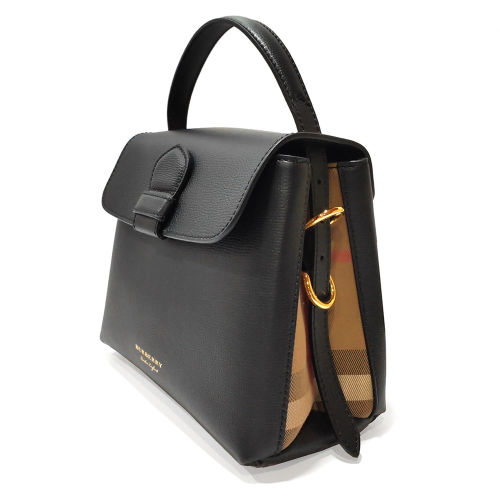 【BURBERRY 巴寶莉】 80475891 經典House系列格紋牛皮手提/肩背兩用包(黑色)