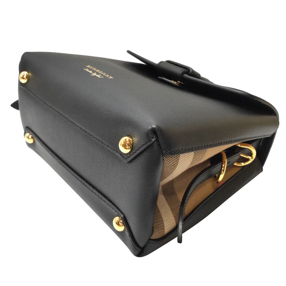 【BURBERRY 巴寶莉】 80475891 經典House系列格紋牛皮手提/肩背兩用包(黑色)