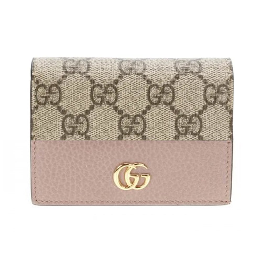 【GUCCI 古馳】658610 經典金屬雙G LOGO牛皮拚帆布暗釦萬用信用卡夾/短夾