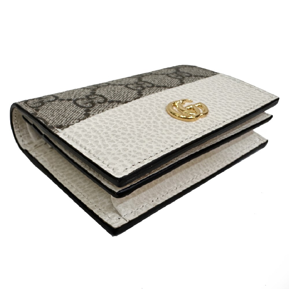 【GUCCI 古馳】658610 經典金屬雙G LOGO牛皮拚帆布暗釦萬用信用卡夾/短夾(白色)