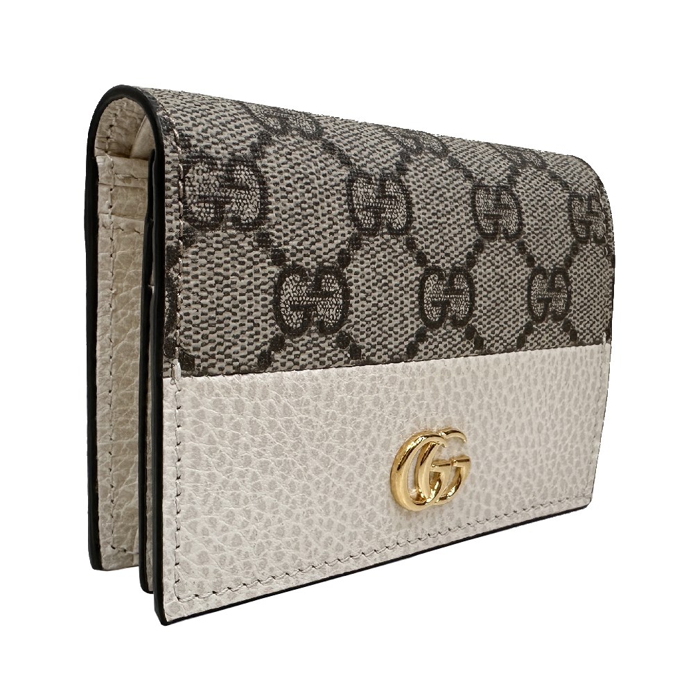 【GUCCI 古馳】658610 經典金屬雙G LOGO牛皮拚帆布暗釦萬用信用卡夾/短夾(白色)