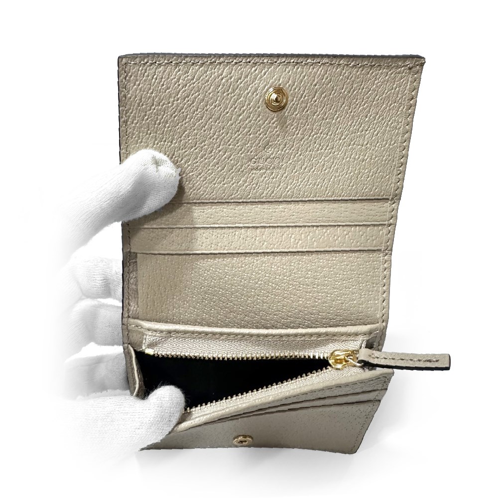 【GUCCI】523155 經典Ophidia GG印花帆布牛皮飾邊暗釦卡夾/零錢包(燕麥色)
