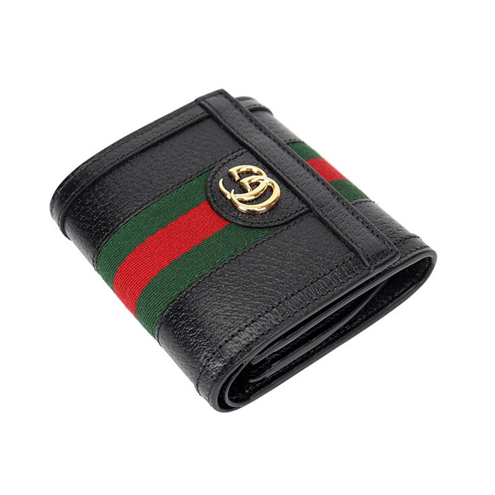 【GUCCI 古馳】719887 經典Ophidia系列GG LOGO織帶皮革飾邊中短夾(黑色)