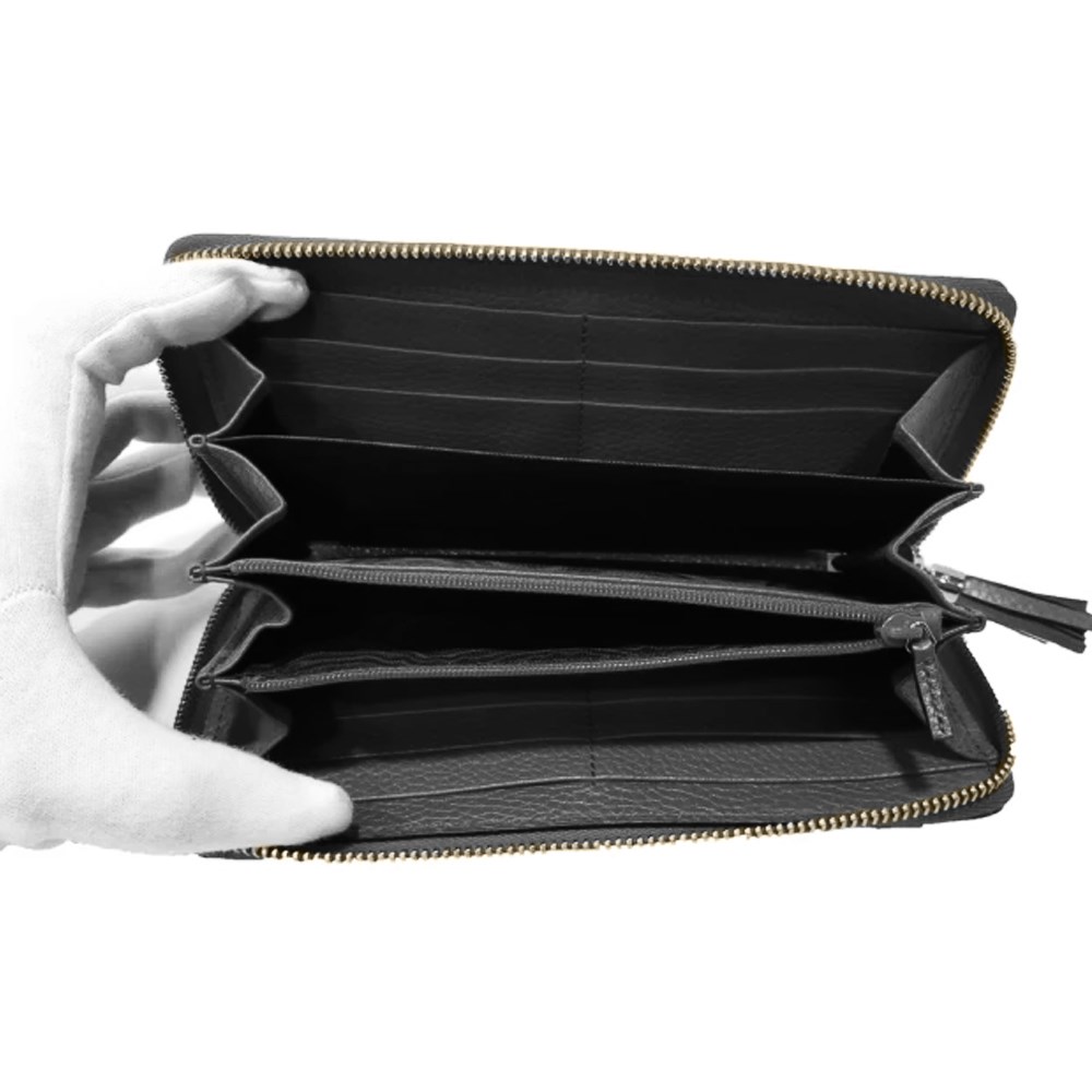 【GUCCI 古馳】598187 經典雙G SOHO系列荔枝紋流蘇造型拉鍊長夾(黑色)