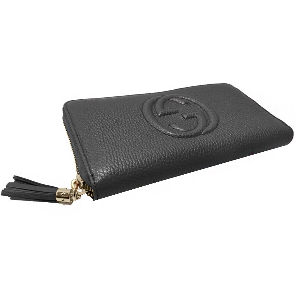 【GUCCI 古馳】598187 經典雙G SOHO系列荔枝紋流蘇造型拉鍊長夾(黑色)
