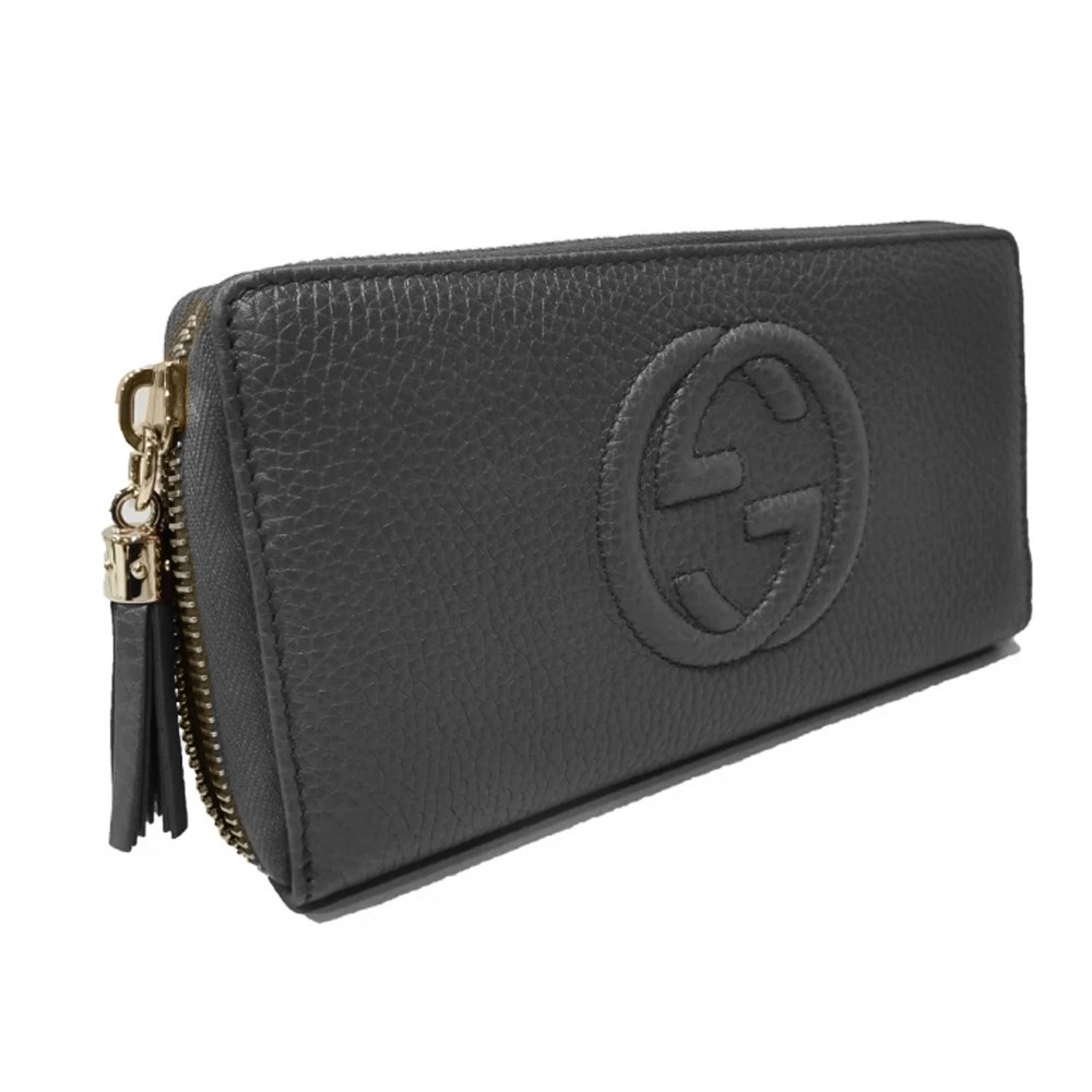 【GUCCI 古馳】598187 經典雙G SOHO系列荔枝紋流蘇造型拉鍊長夾(黑色)