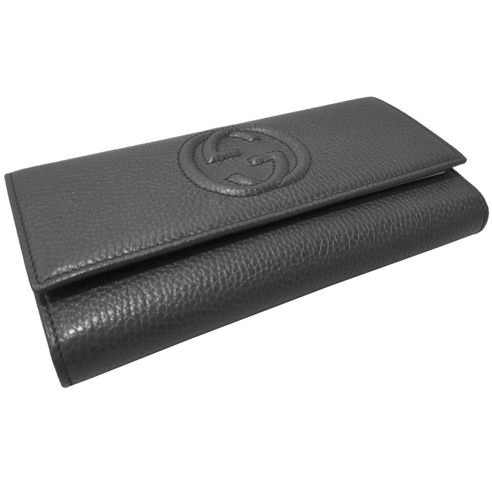 【GUCCI】598206 經典雙G SOHO系列荔枝紋牛皮扣式翻蓋長夾(黑色)