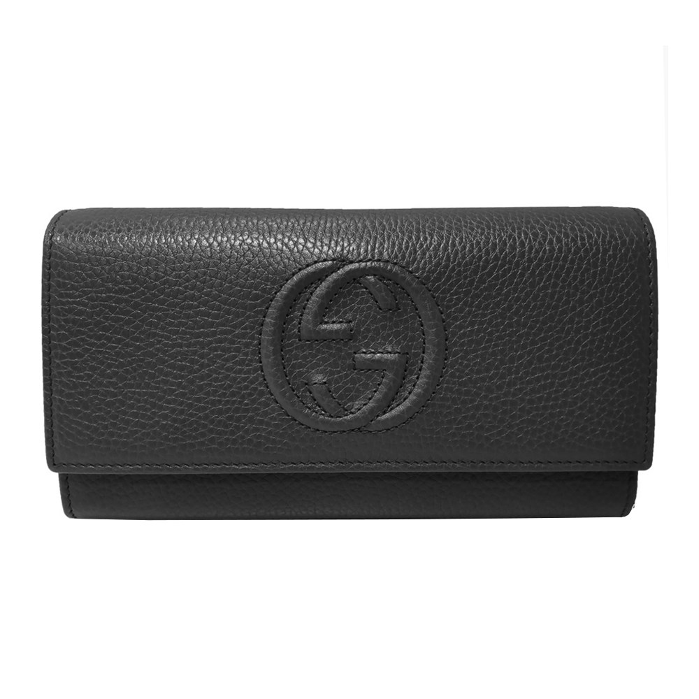 【GUCCI】598206 經典雙G SOHO系列荔枝紋牛皮扣式翻蓋長夾(黑色)