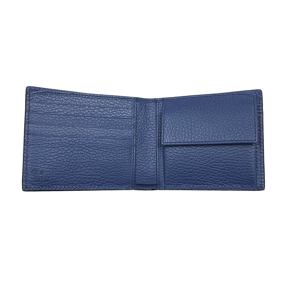 【GUCCI 古馳】610466經典GG  LOGO荔枝牛皮拚色男用對開零錢短夾(藍色)