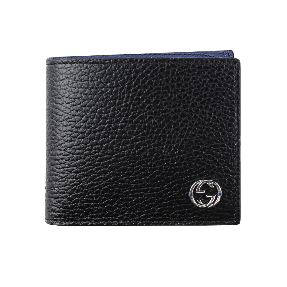 【GUCCI 古馳】610466經典GG  LOGO荔枝牛皮拚色男用對開零錢短夾(藍色)