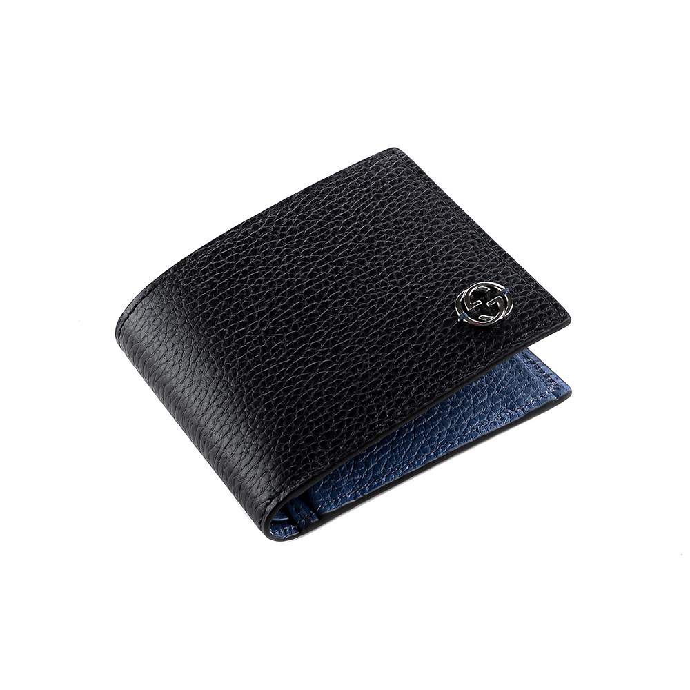 【GUCCI 古馳】610466經典GG  LOGO荔枝牛皮拚色男用對開零錢短夾(藍色)