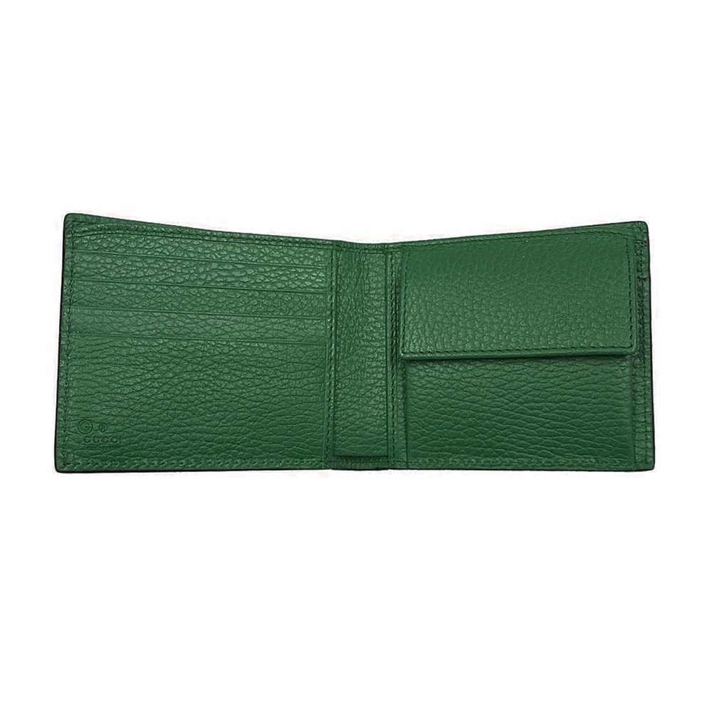 【GUCCI 古馳】610466經典GG  LOGO荔枝牛皮拚色男用對開零錢短夾(綠色) 
