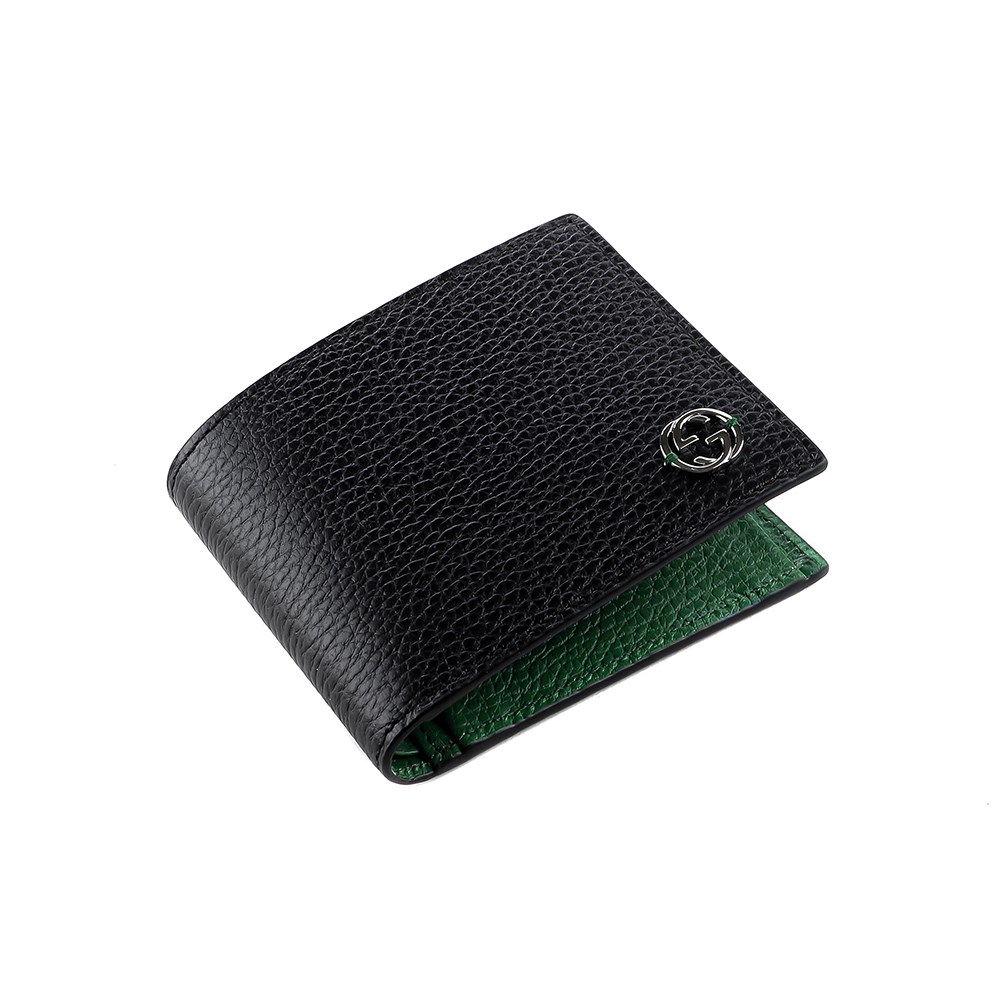 【GUCCI 古馳】610466經典GG  LOGO荔枝牛皮拚色男用對開零錢短夾(綠色) 
