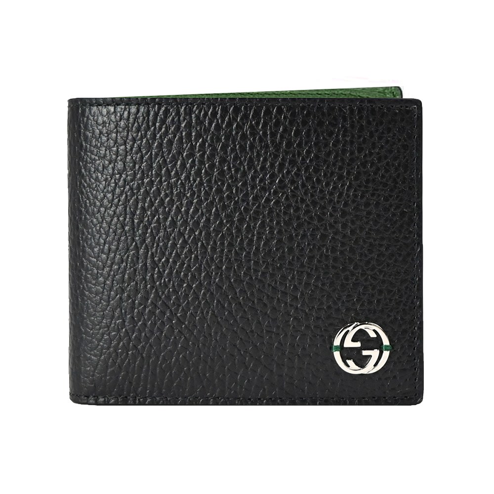 【GUCCI 古馳】610466經典GG  LOGO荔枝牛皮拚色男用對開零錢短夾(綠色) 