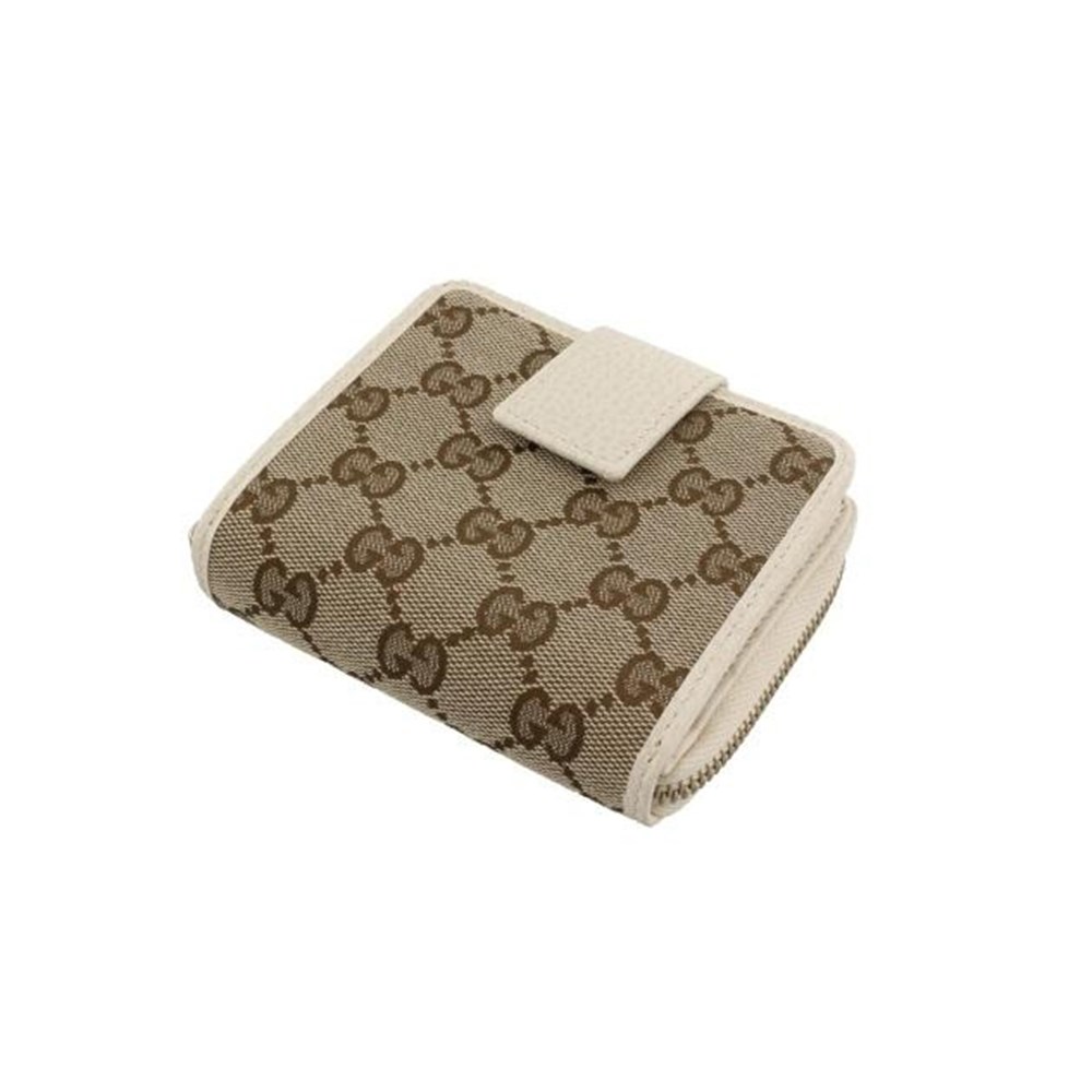【GUCCI 古馳】346056 經典雙G緹花皮飾邊扣式短夾 