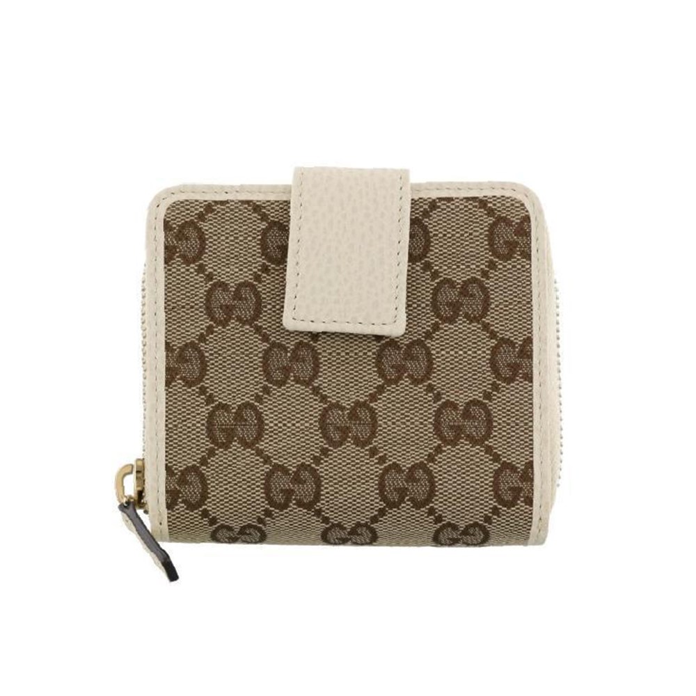 【GUCCI 古馳】346056 經典雙G緹花皮飾邊扣式短夾 