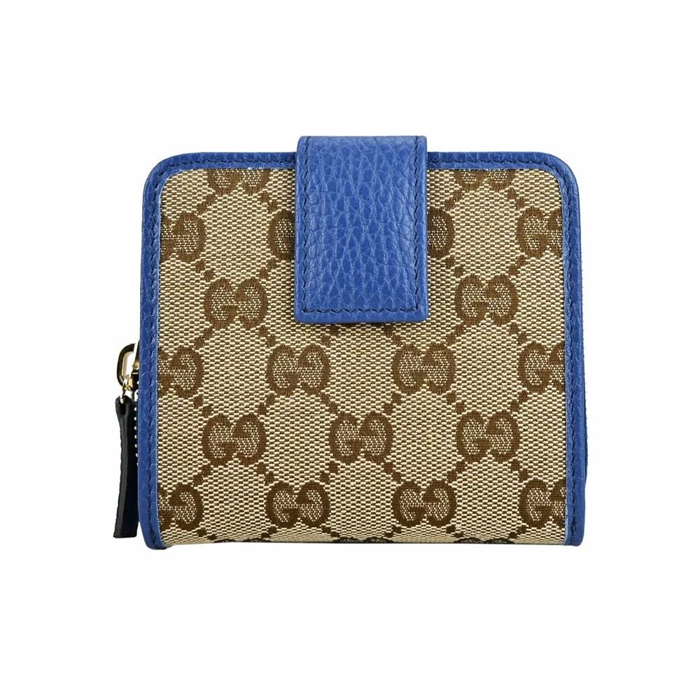 【GUCCI 古馳】346056 經典雙G緹花皮飾邊扣式短夾  -