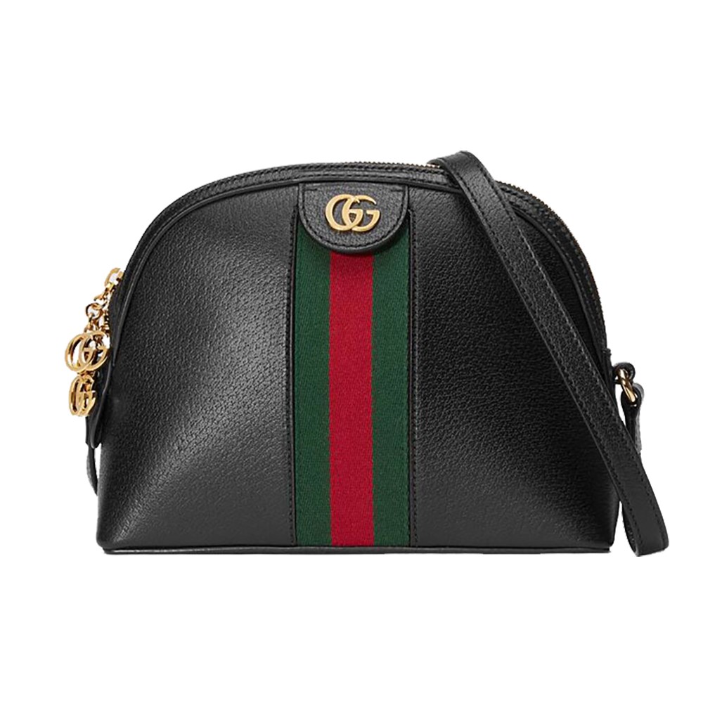 【GUCCI 古馳】719881 經典Ophidia系列綠紅綠織帶牛皮貝殼包 肩背/斜背包(黑)
