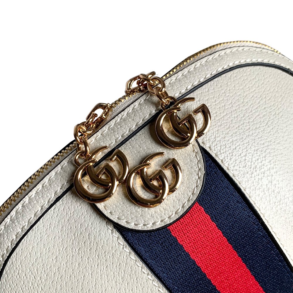 【GUCCI 古馳】719881 經典Ophidia系列綠紅綠織帶牛皮貝殼包 肩背/斜背包(白色)