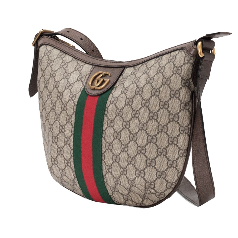 【GUCCI 古馳】598125 經典Ophidia系列 GG Supreme帆布印花綠紅綠織帶皮革飾邊肩背/斜背彎月包(棕色)