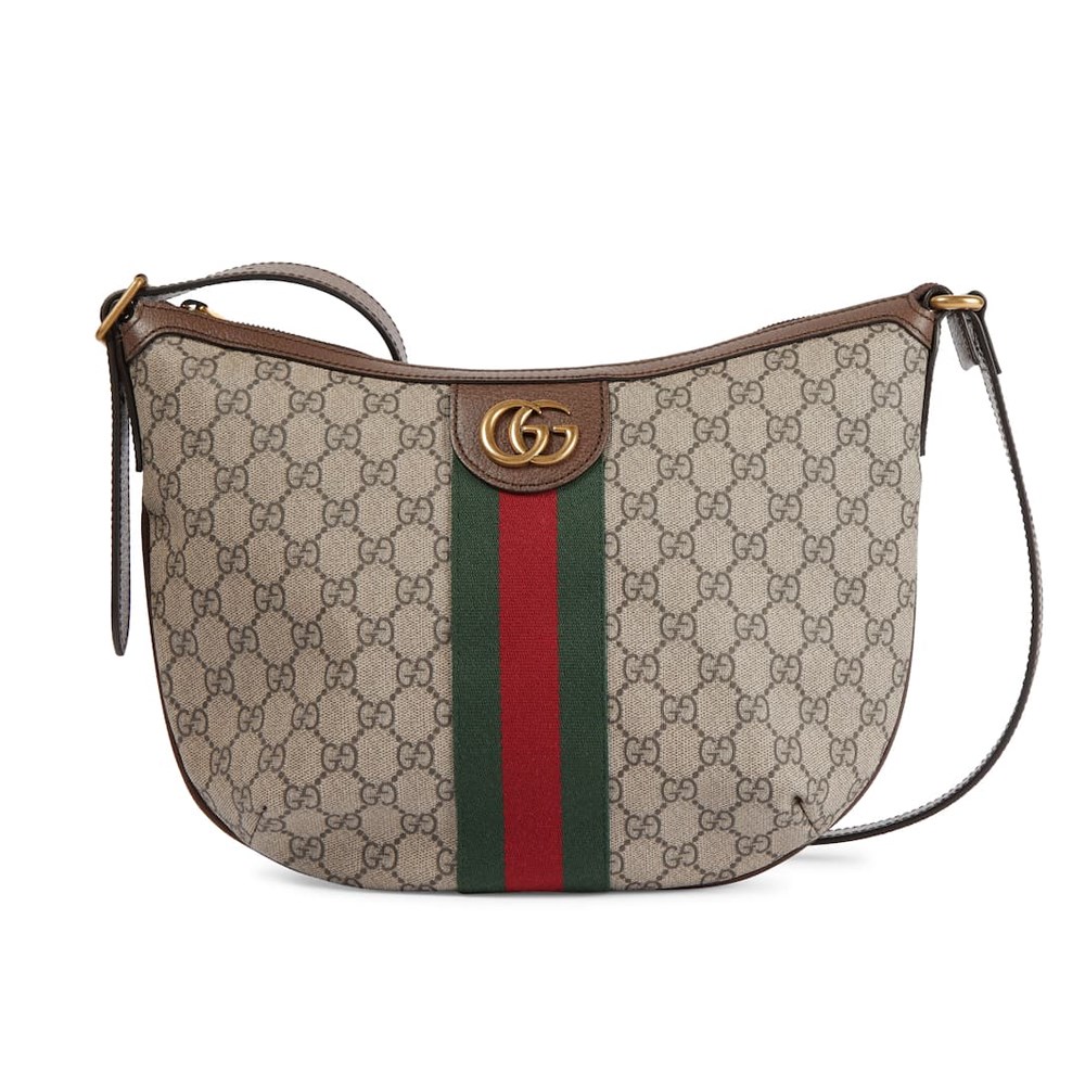 【GUCCI 古馳】598125 經典Ophidia系列 GG Supreme帆布印花綠紅綠織帶皮革飾邊肩背/斜背彎月包(棕色)