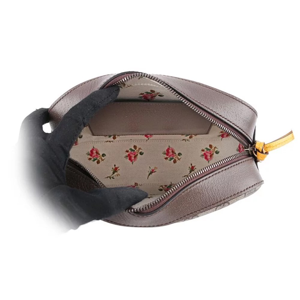 【GUCCI 古馳】476466 經典GG Supreme帆布印花雙色織帶相機斜揹包(棕色)
