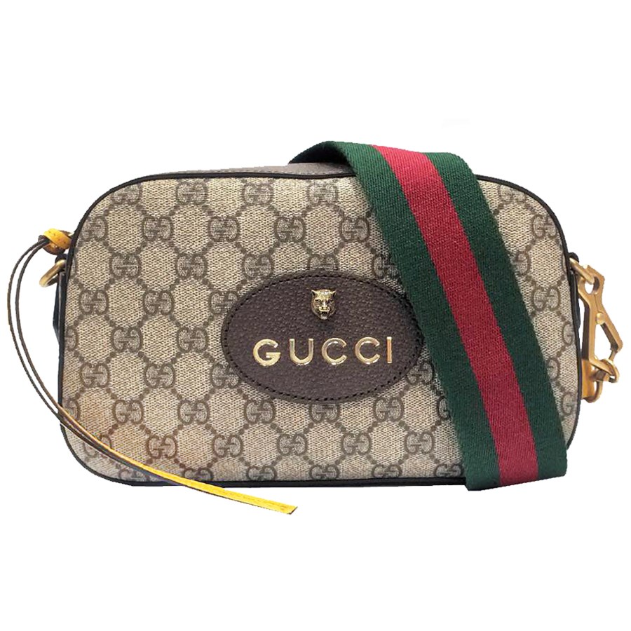 【GUCCI 古馳】476466 經典GG Supreme帆布印花雙色織帶相機斜揹包(棕色)