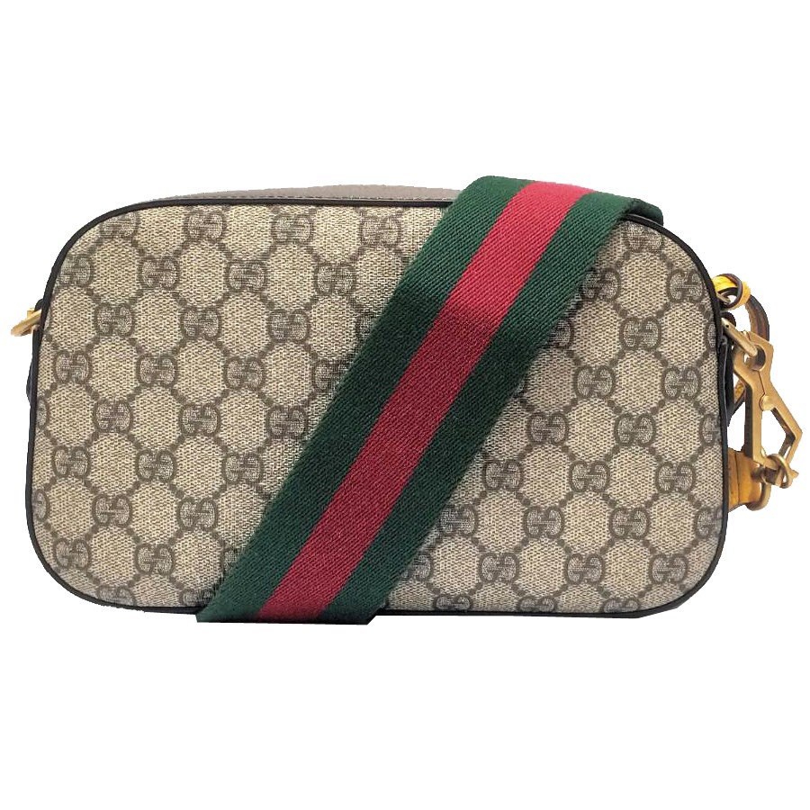 【GUCCI 古馳】476466 經典GG Supreme帆布印花雙色織帶相機斜揹包(棕色)