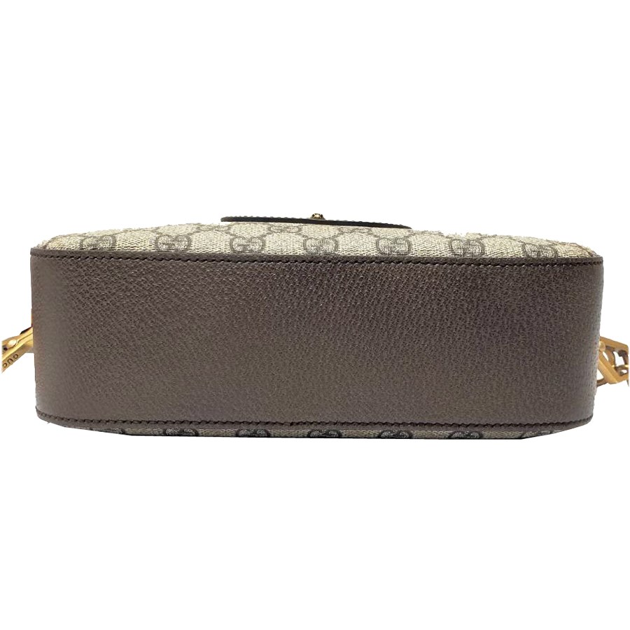 【GUCCI 古馳】476466 經典GG Supreme帆布印花雙色織帶相機斜揹包(棕色)