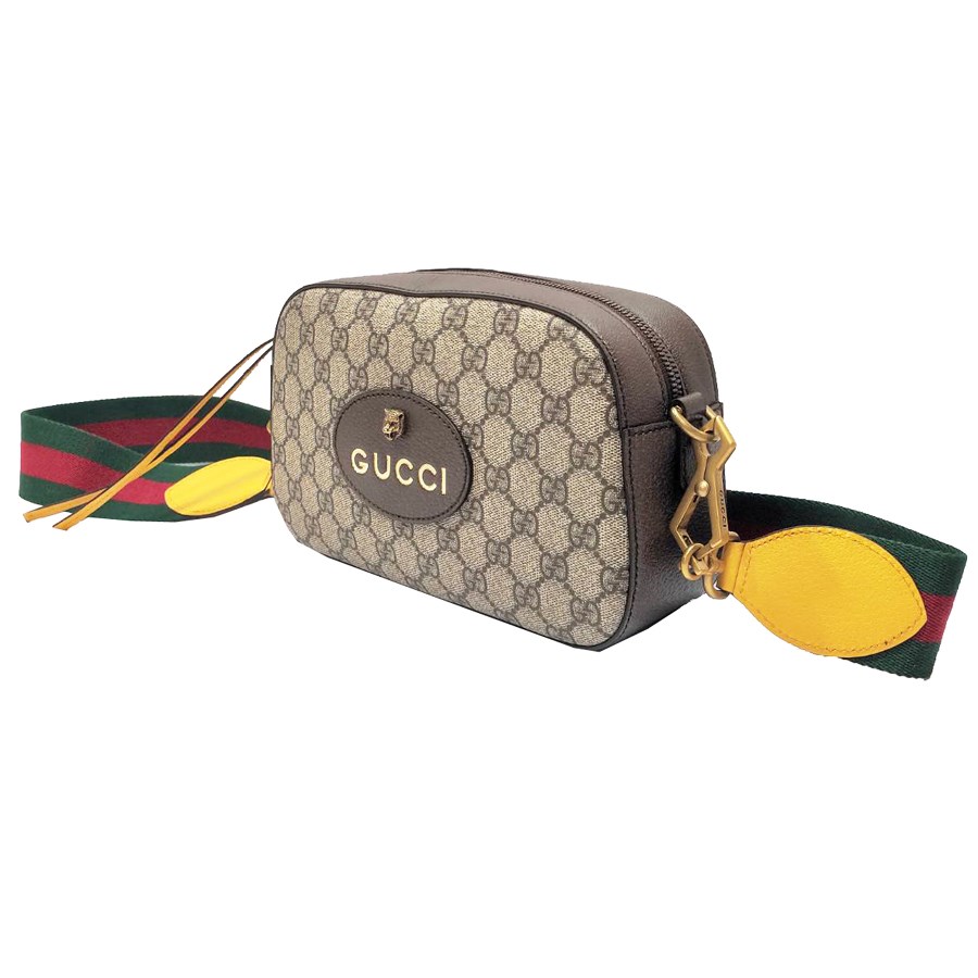 【GUCCI 古馳】476466 經典GG Supreme帆布印花雙色織帶相機斜揹包(棕色)