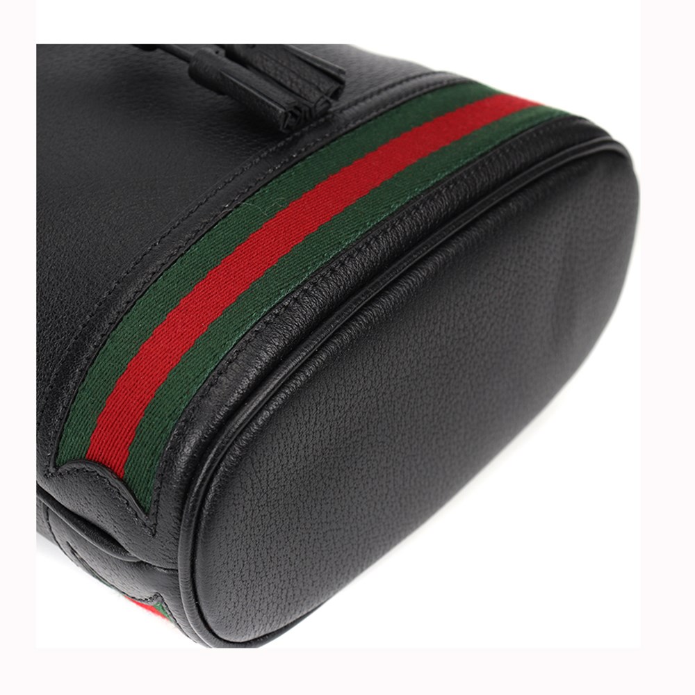 【GUCCI 古馳】719884/610846 經典Ophidia系列綠紅綠織帶皮革束口手提/斜背水桶兩用包(黑色)