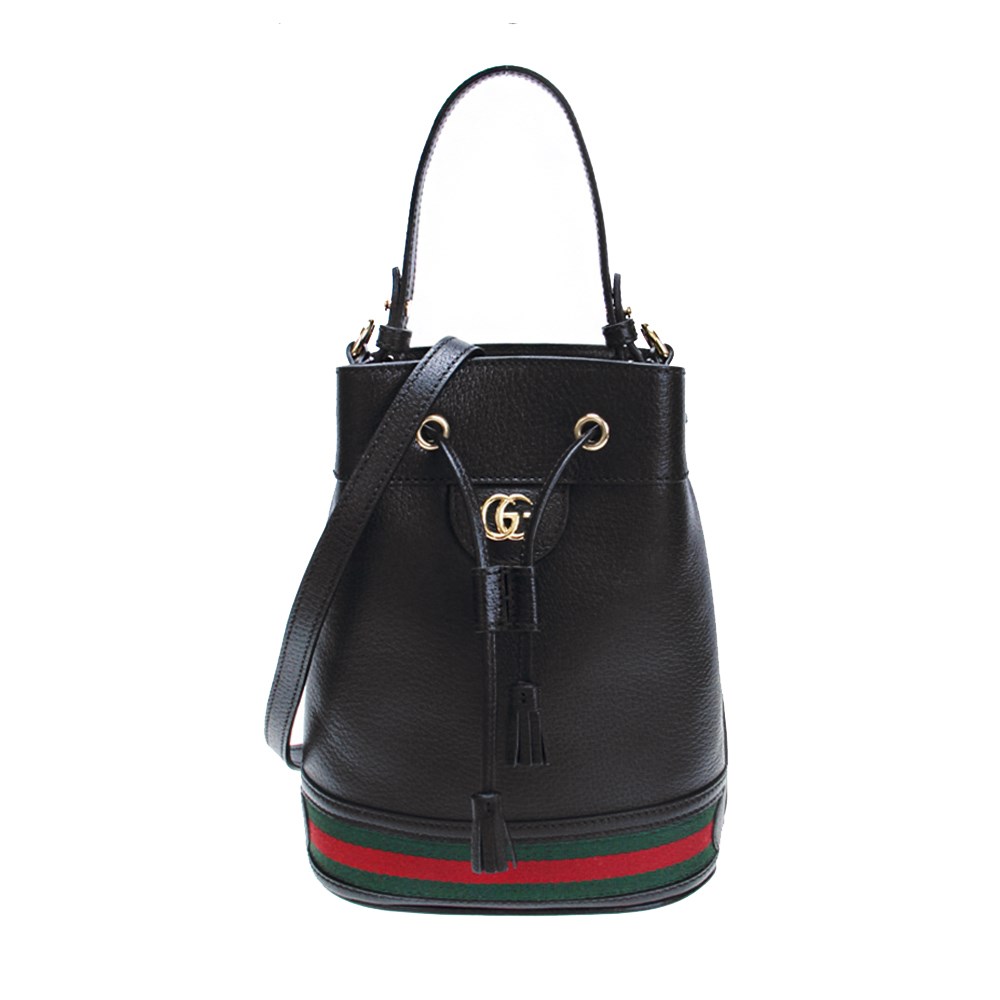 【GUCCI 古馳】719884/610846 經典Ophidia系列綠紅綠織帶皮革束口手提/斜背水桶兩用包(黑色)