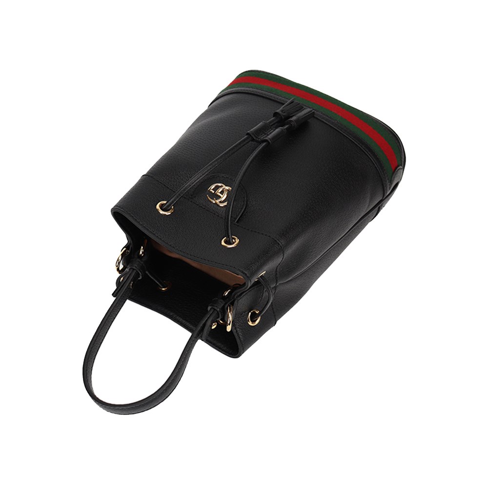 【GUCCI 古馳】719884/610846 經典Ophidia系列綠紅綠織帶皮革束口手提/斜背水桶兩用包(黑色)