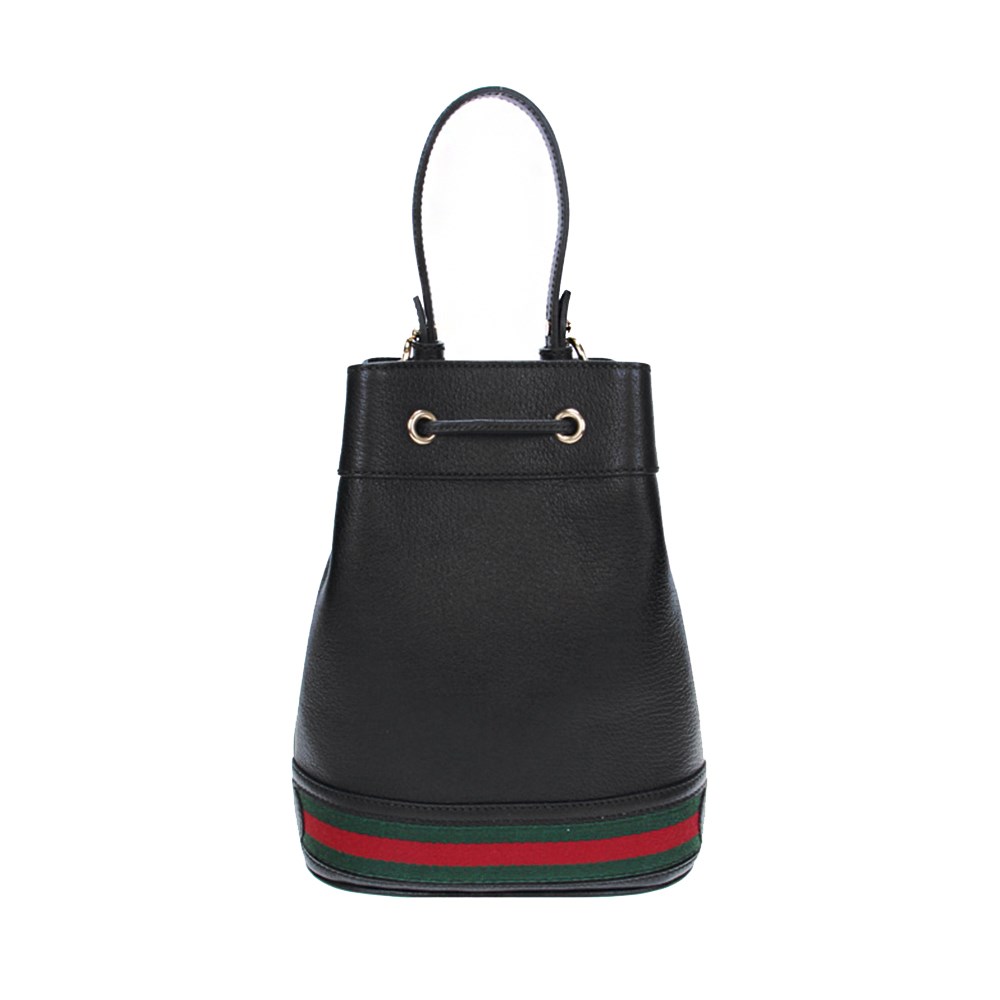 【GUCCI 古馳】719884/610846 經典Ophidia系列綠紅綠織帶皮革束口手提/斜背水桶兩用包(黑色)