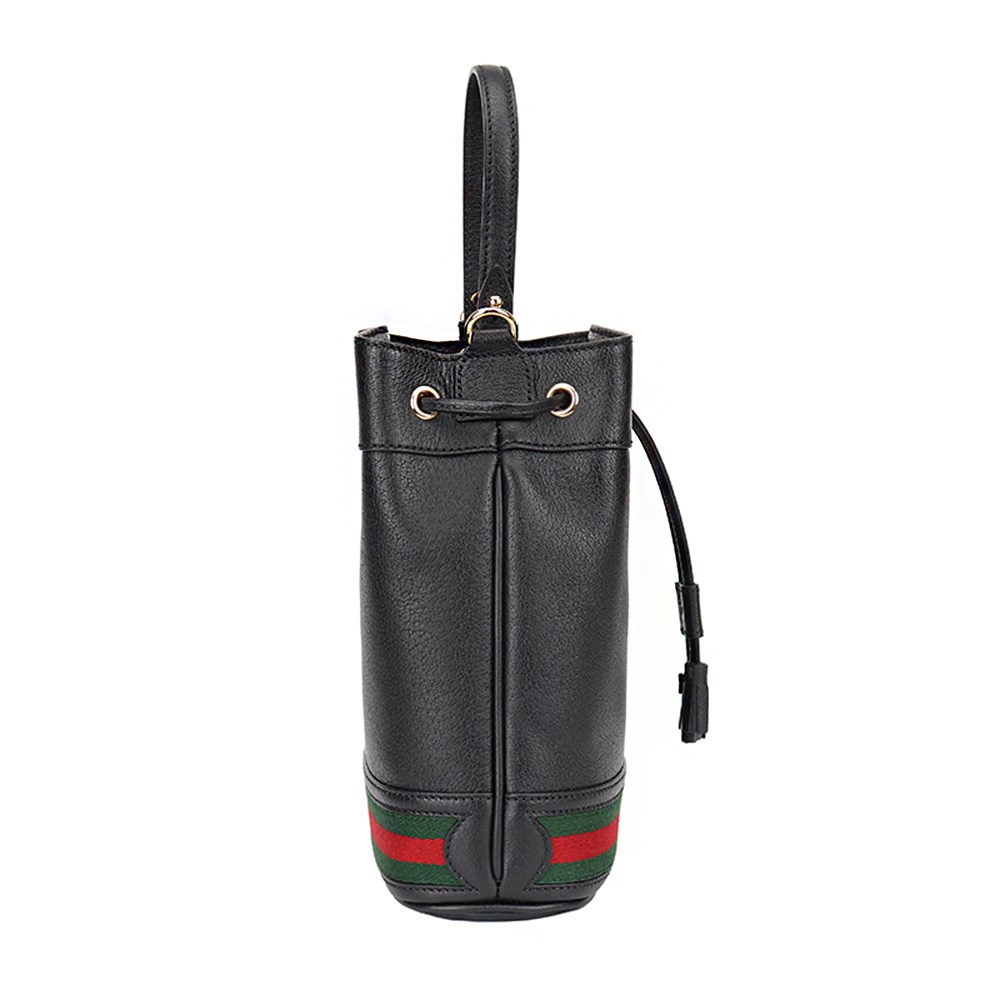 【GUCCI 古馳】719884/610846 經典Ophidia系列綠紅綠織帶皮革束口手提/斜背水桶兩用包(黑色)